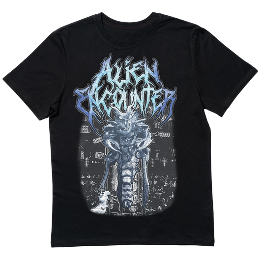 Death metal-inspired Alien Encounter ride T-shirt featuring a brutal, heavy metal twist on the iconic extraterrestrial attraction.