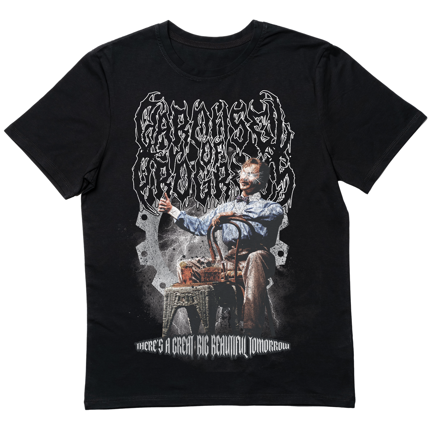 Death metal-inspired Carousel of Progress T-shirt featuring a dark, heavy metal twist on the classic Disney attraction.