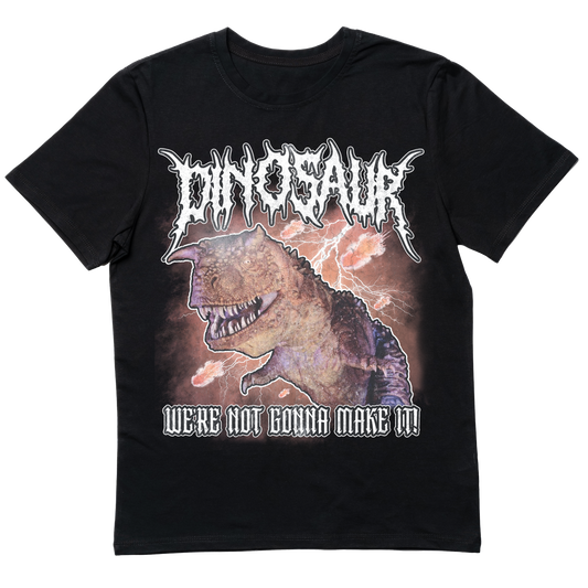 Black death metal-inspired Dinosaur Ride T-shirt featuring a fierce prehistoric design, perfect for Animal Kingdom Park and metalheads who love dinosaurs