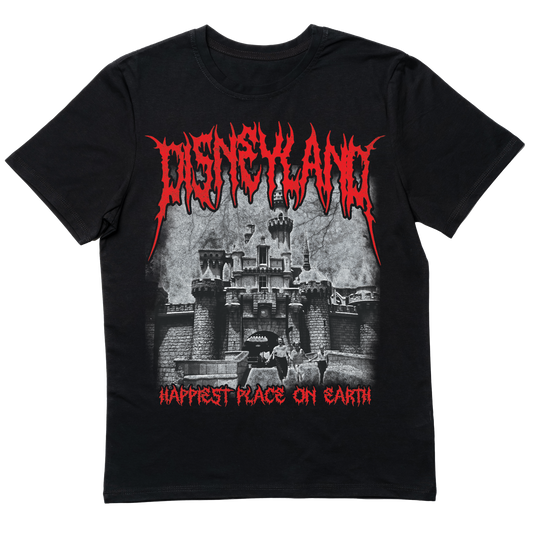 Death metal-inspired Disneyland T-shirt featuring a brutal, heavy metal twist on the magic of the happiest place on Earth.