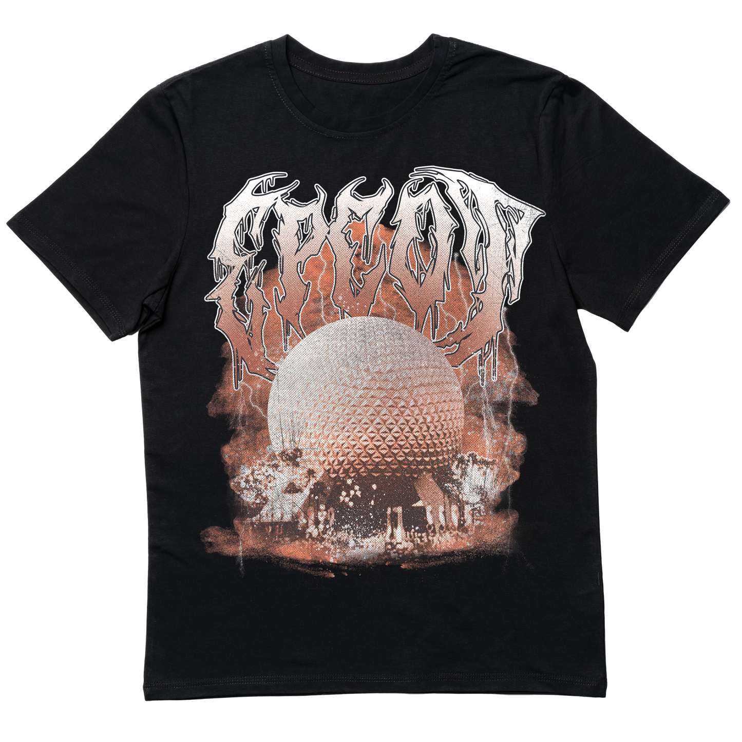 Black Epcot-inspired death metal T-shirt featuring a heavy, brutal design that fuses futuristic themes with a metal aesthetic.