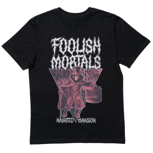 Death metal-inspired Hatbox Ghost Foolish Mortals T-shirt featuring a brutal, heavy metal twist on the iconic Haunted Mansion character.