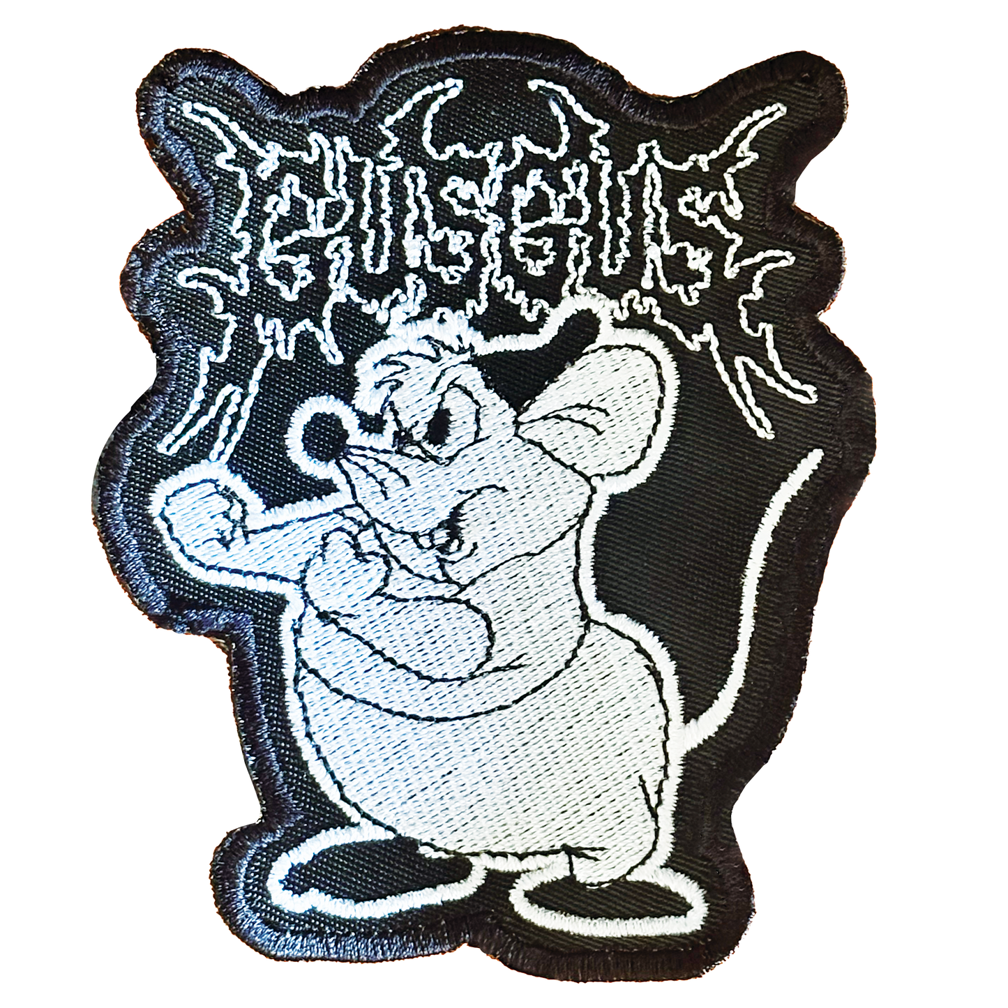 Death metal-inspired Gus Gus iron-on patch featuring a dark, heavy metal twist on the beloved Cinderella mouse.