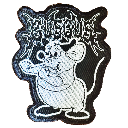 Death metal-inspired Gus Gus iron-on patch featuring a dark, heavy metal twist on the beloved Cinderella mouse.