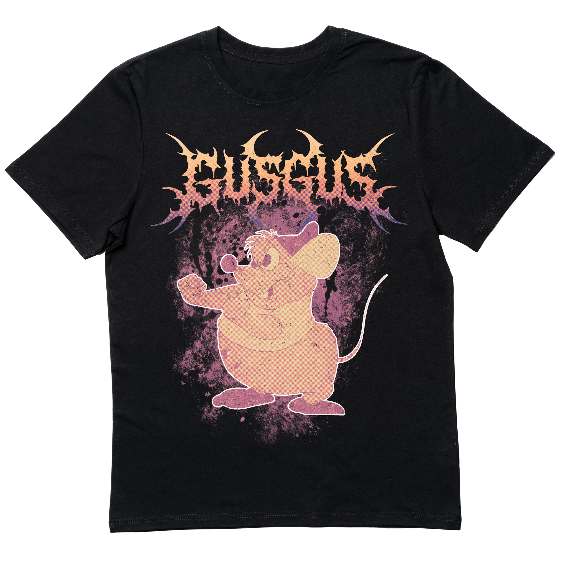 Black T-shirt featuring a death metal-inspired Gus Gus design, blending dark, heavy graphics with the mischievous charm of Cinderella’s beloved mouse. Perfect for Disney fans with an edge.