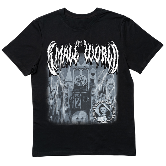 Death metal-inspired It's a Small World T-shirt featuring a dark, heavy metal twist on the iconic classic ride.