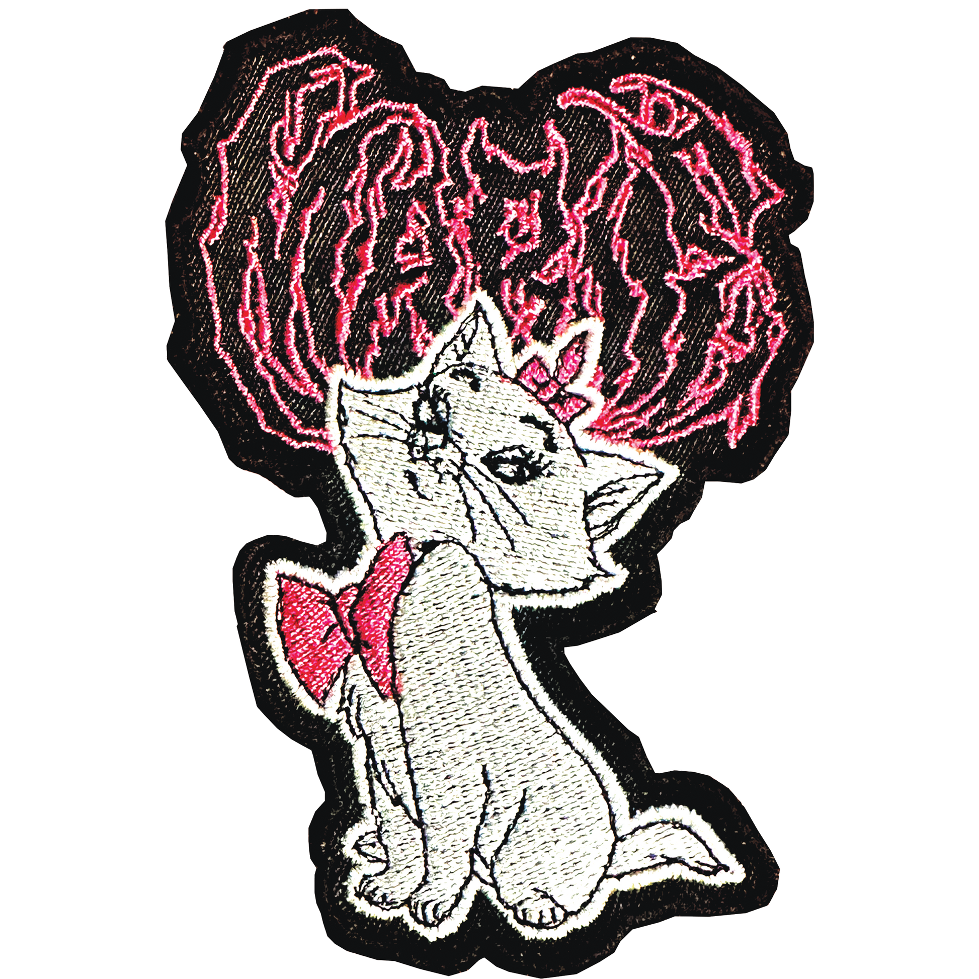 Death metal-inspired Marie iron-on patch featuring a fierce, heavy metal twist on the elegant Aristocats kitten.