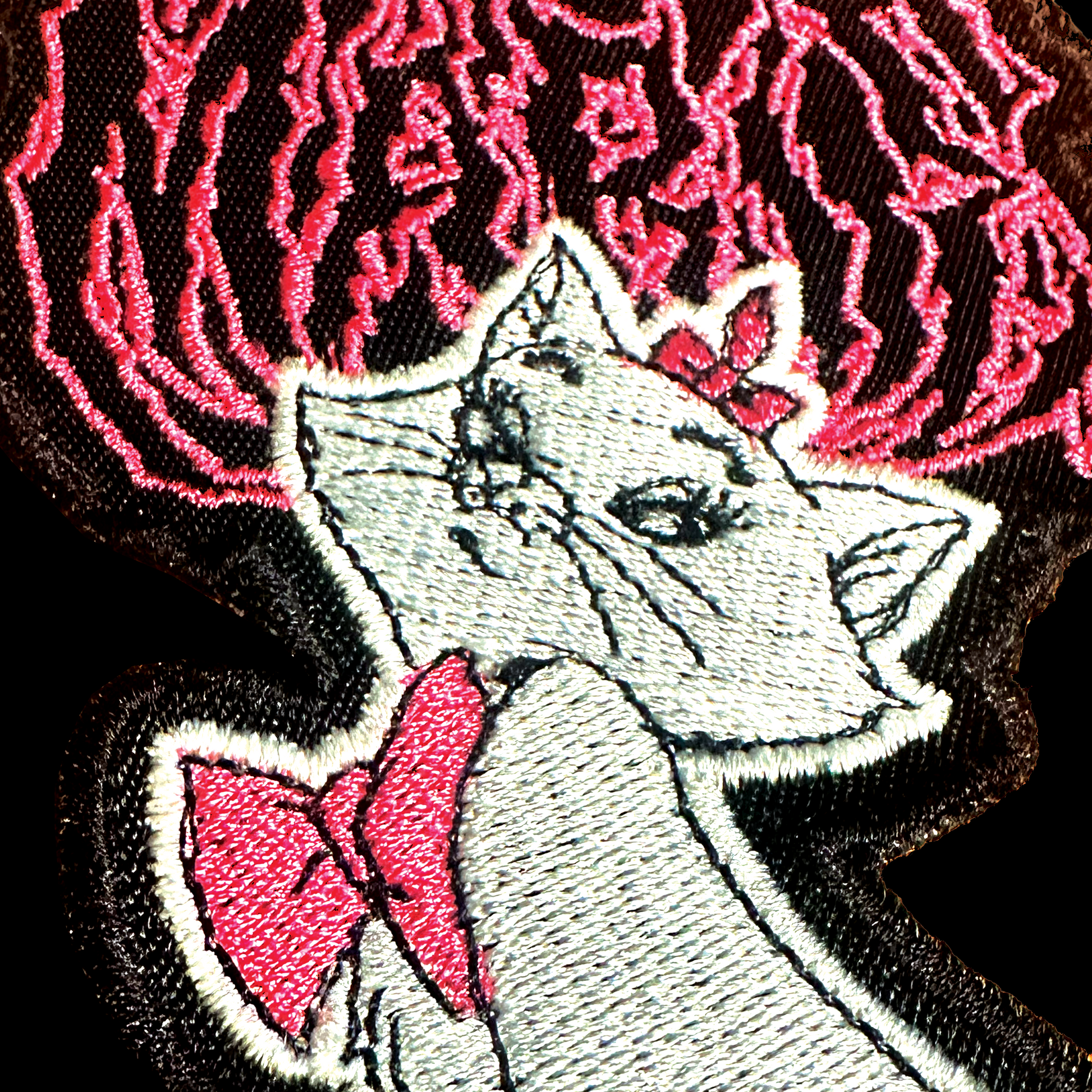 Death metal-inspired Marie iron-on patch featuring a fierce, heavy metal twist on the elegant Aristocats kitten.