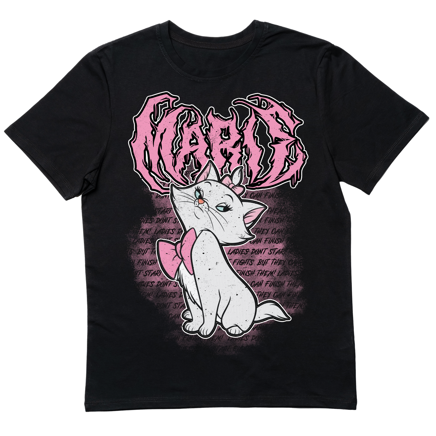 Death metal-inspired Marie The Aristocats T-shirt featuring a fierce, heavy metal twist on the elegant Disney kitten.