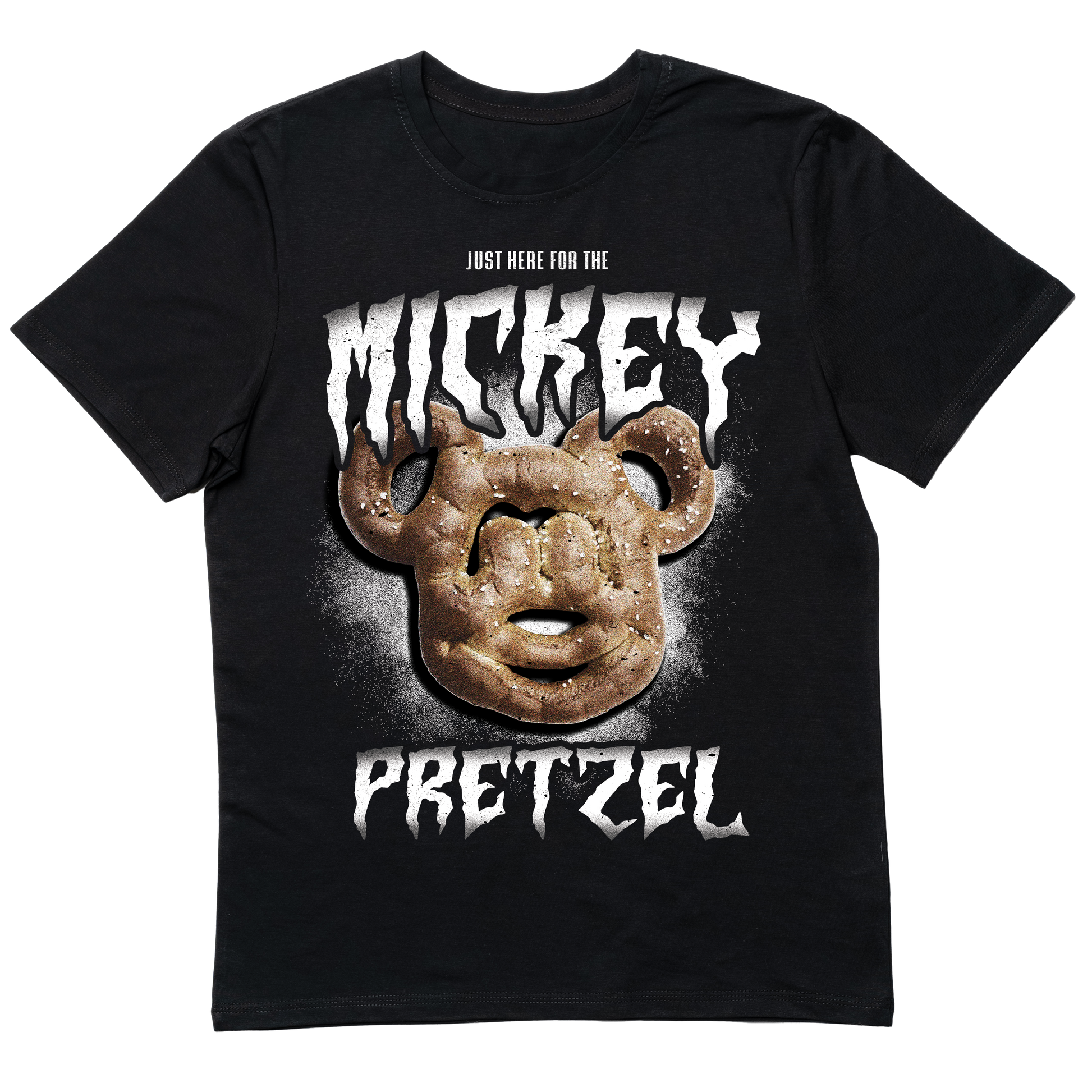 Metal-inspired Mickey Pretzel T-shirt featuring a brutal, heavy metal twist on the iconic Disney park snack.