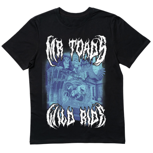 Death metal-inspired Mr. Toad's Wild Ride T-shirt featuring a brutal, heavy metal twist on the chaotic classic attraction.