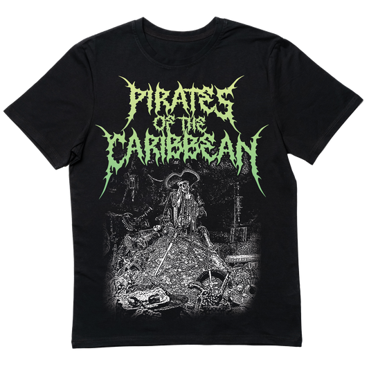 Death metal-inspired Pirates of the Caribbean T-shirt featuring a brutal, heavy metal twist on the iconic swashbuckling adventure.