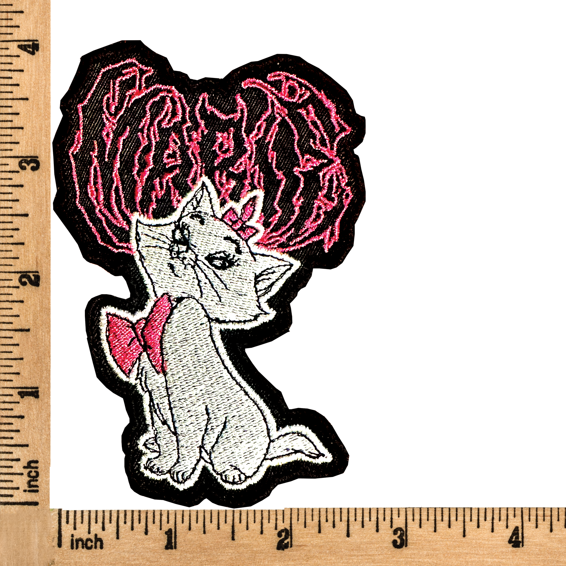 Death metal-inspired Marie iron-on patch featuring a fierce, heavy metal twist on the elegant Aristocats kitten.