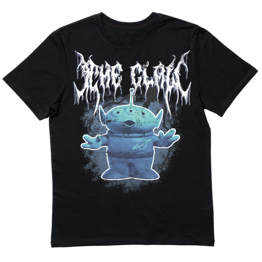 Black death metal-inspired T-shirt featuring the Toy Story alien and The Claw with a brutal, heavy metal design twist