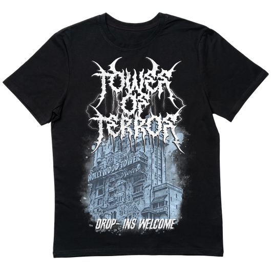 Black death metal-inspired Tower of Terror T-shirt featuring a brutal, eerie design that merges haunted hotel horror with heavy metal aesthetics.