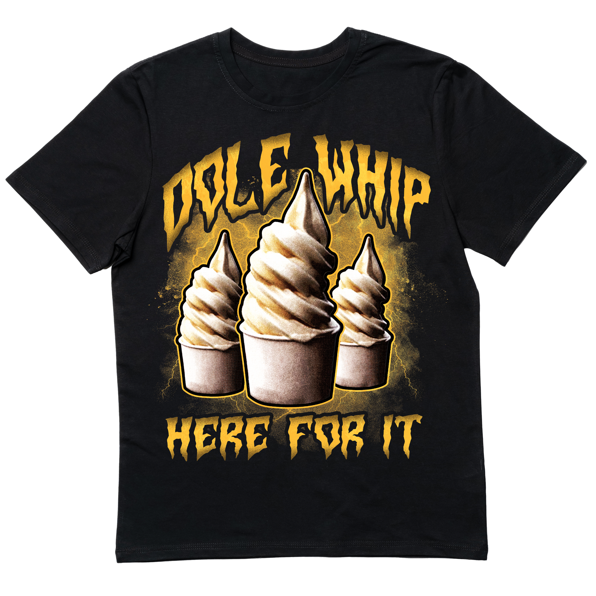 "Metal-inspired Dole Whip T-shirt featuring a brutal, heavy metal twist on the iconic tropical Disney treat.