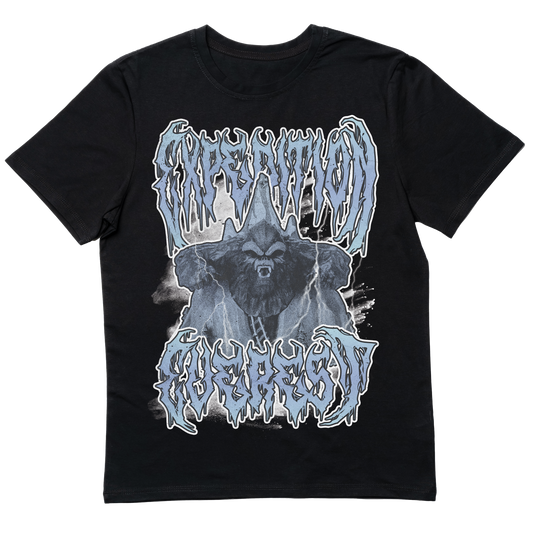 Death metal-inspired Expedition Everest T-shirt featuring a brutal, heavy metal twist on the legendary roller coaster adventure.