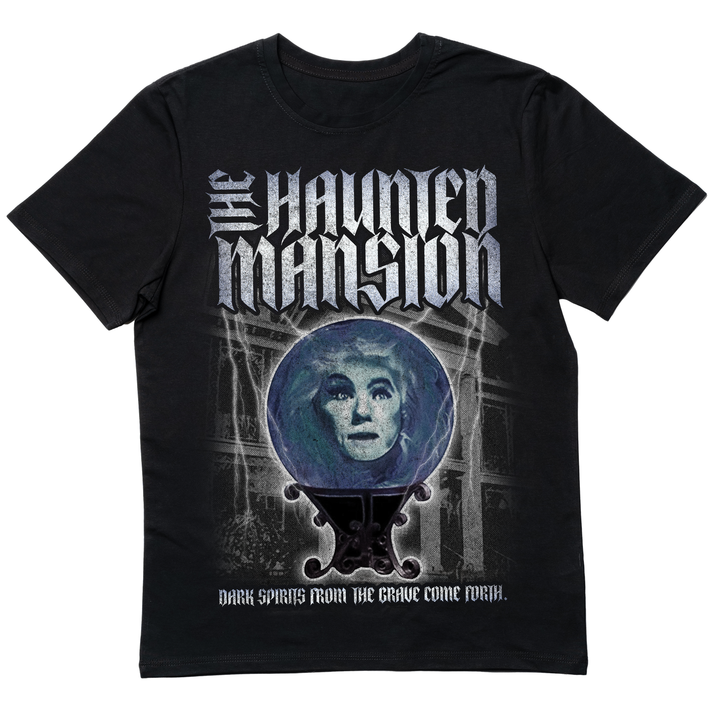 Death metal-inspired Haunted Mansion T-shirt featuring a brutal, heavy metal twist on the iconic ghostly attraction.