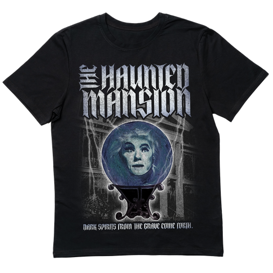 Death metal-inspired Haunted Mansion T-shirt featuring a brutal, heavy metal twist on the iconic ghostly attraction.