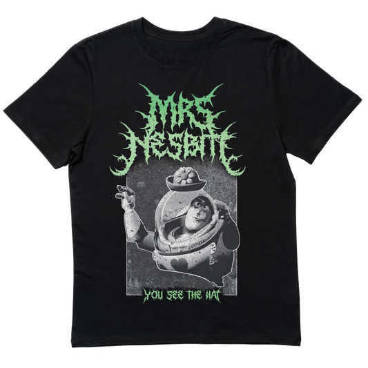 Black Mrs. Nesbitt death metal-inspired T-shirt featuring a dark, heavy metal twist on Buzz Lightyear’s iconic meltdown from Toy Story.